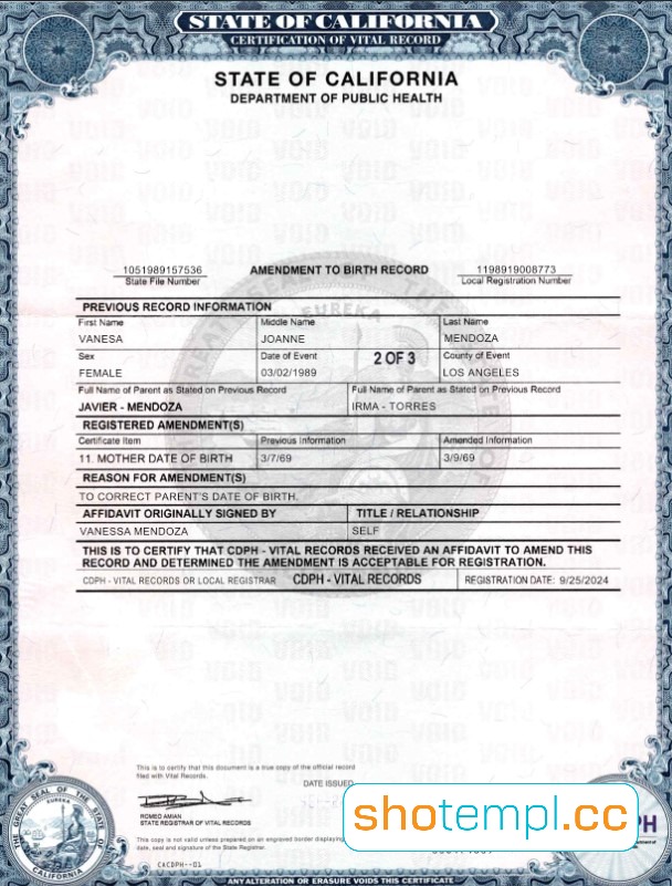 California Birth Certificates Template in PDF and MS Word Format V2